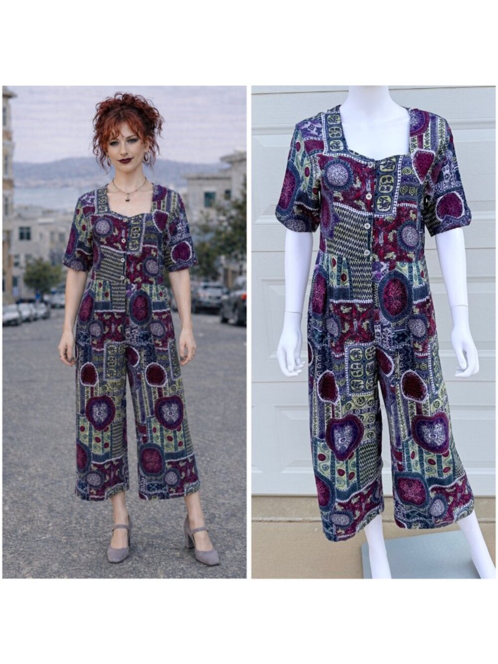 Vintage 90s Boho Patchwork Cropped Jumpsuit